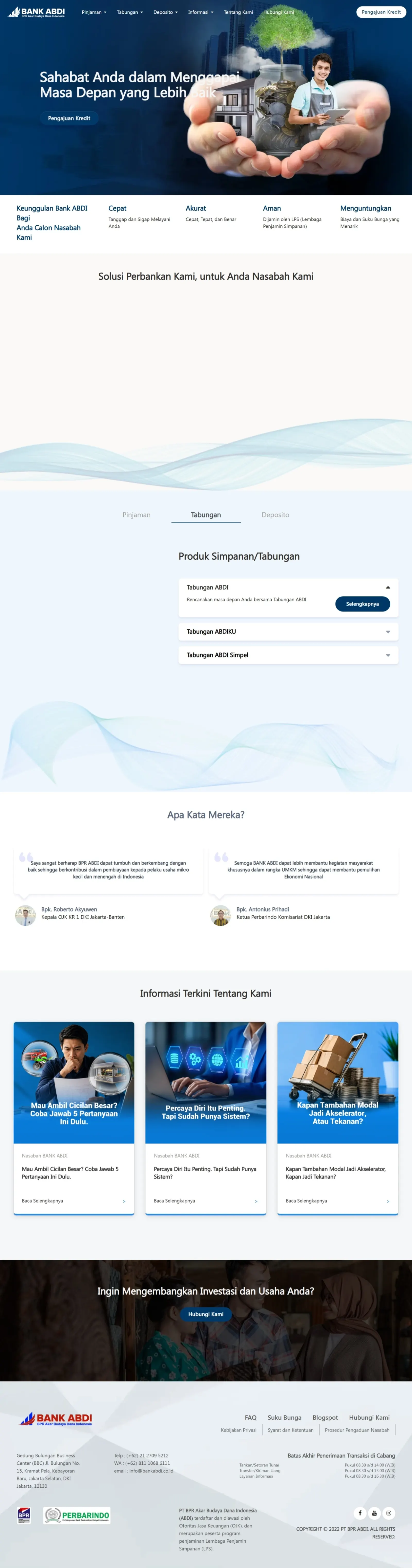 Tangkapan layar homepage website resmi BANK ABDI (bankabdi.co.id) yang menampilkan produk perbankan.