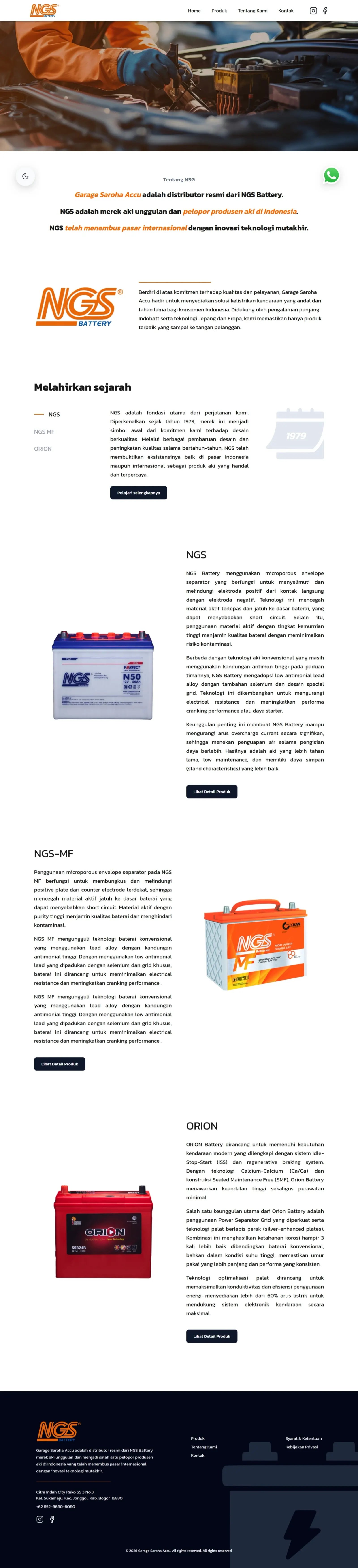 Tangkapan layar homepage website Garage Saroha Accu, distributor resmi aki NGS Battery.