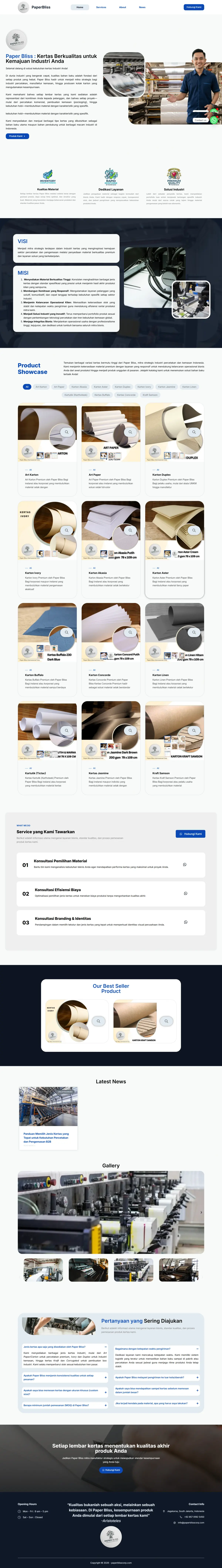 Tangkapan layar homepage website company profile PaperBliss untuk distribusi kertas.